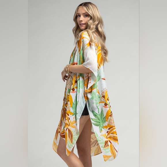 Tropical Leaves & Flowers Kimono - Large Floral Print - Lightweight & Breezy - Picture 4 of 6